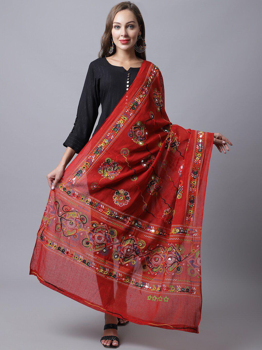 soundarya women red & yellow embroidered pure cotton kalamkari dupatta with phulkari