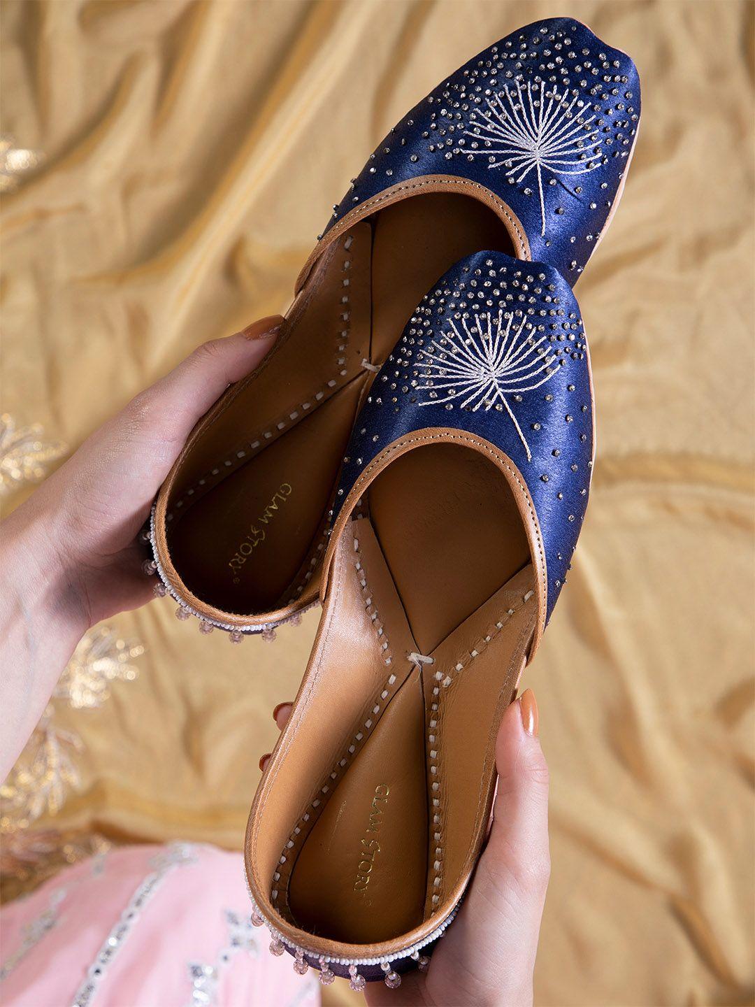 glam story women blue embellished ethnic mojaris flats