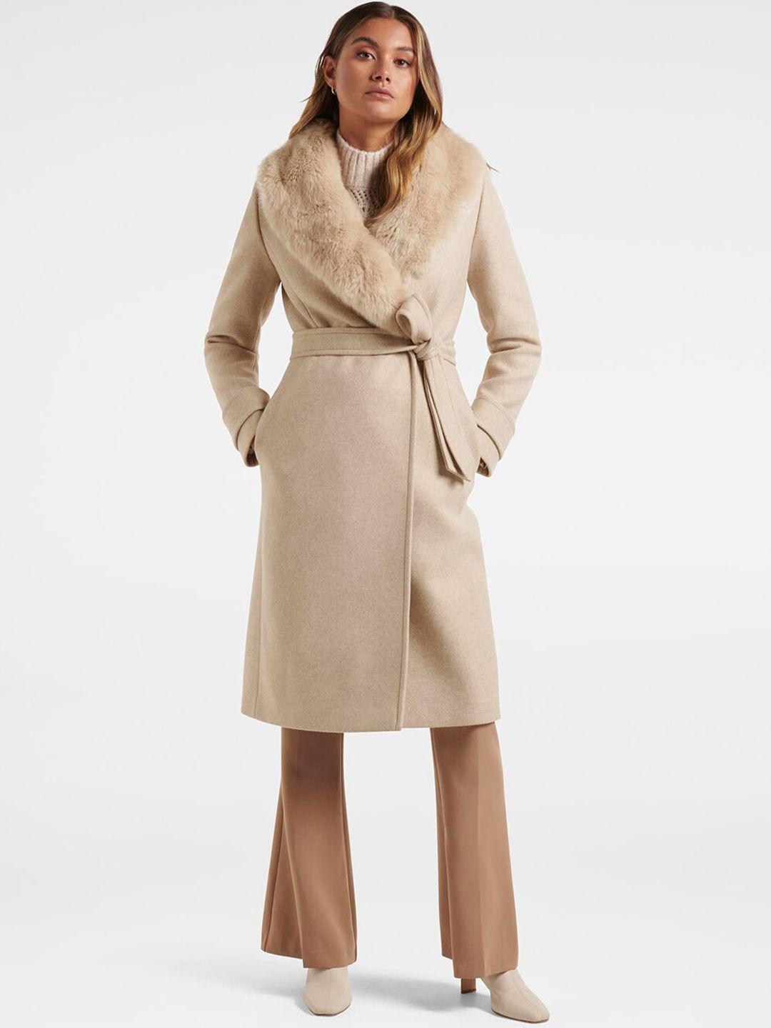 forever new women beige solid double-breasted trench coat