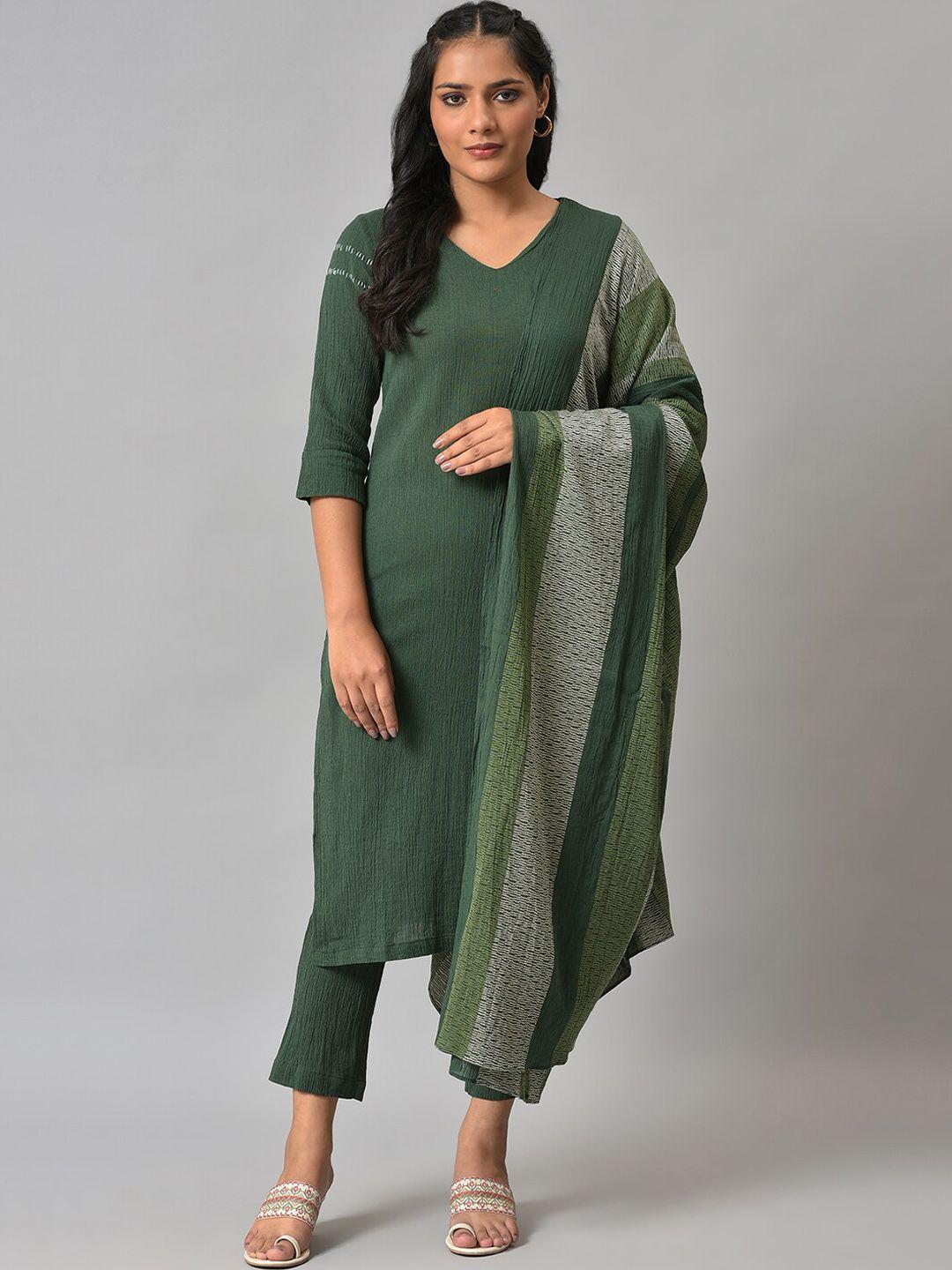 w women green solid kurta with trousers & dupatta