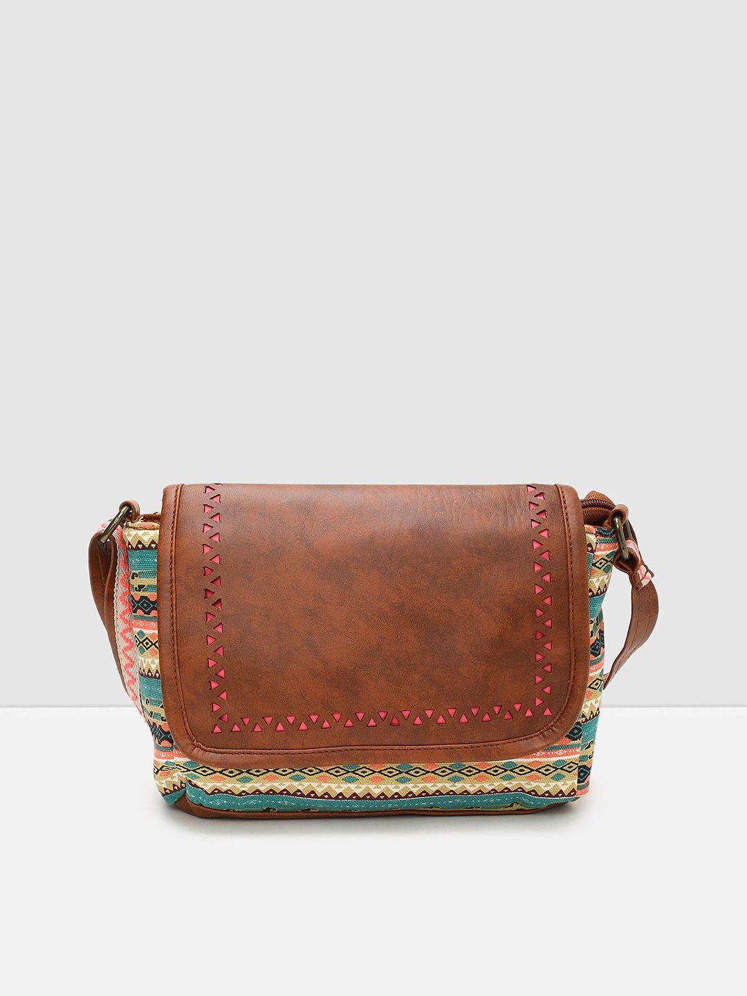 max brown cotton geometric embellished swagger sling bag