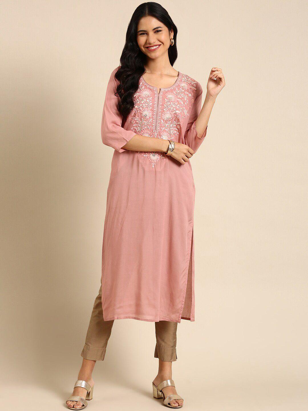 showoff women mauve floral embroidered chanderi silk kurta