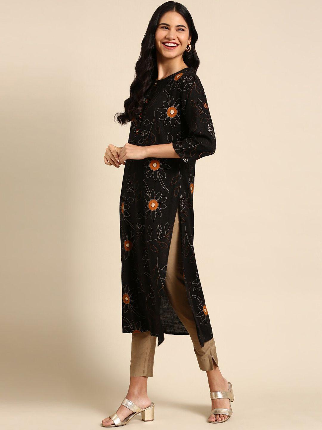 showoff women black & white floral printed cotton kurta