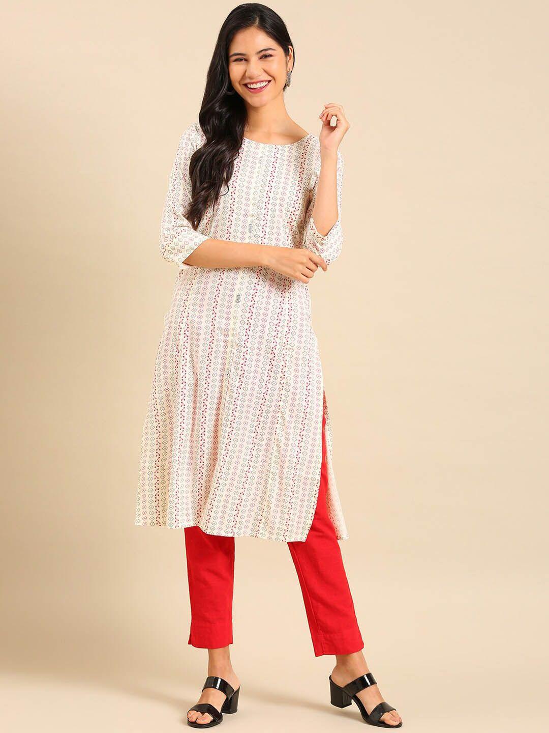 showoff women off white & red geometric printed kurta