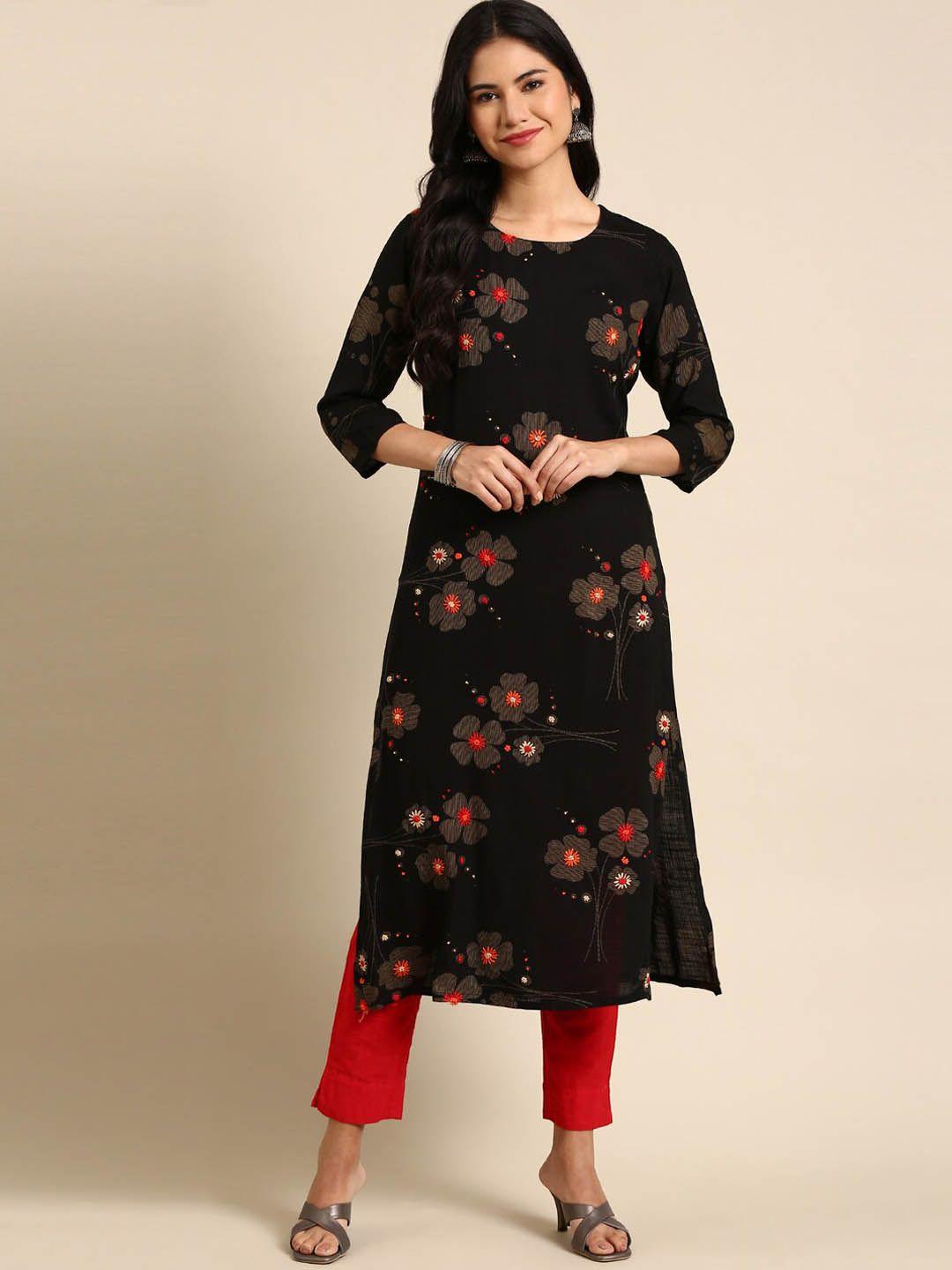 showoff women black & orange floral printed thread work block print cotton kurta