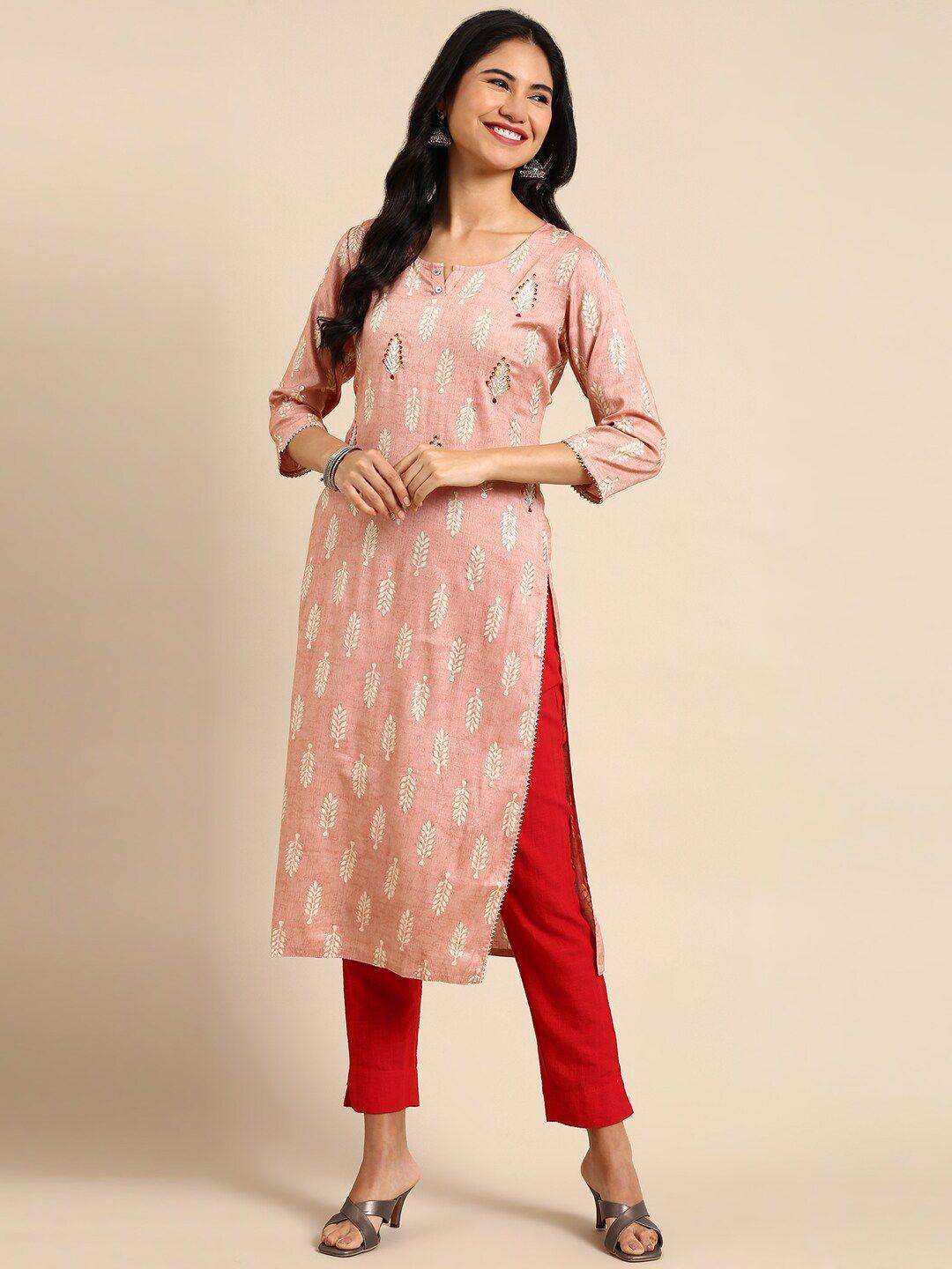 showoff women peach-coloured & white ethnic motifs printed thread work kurta