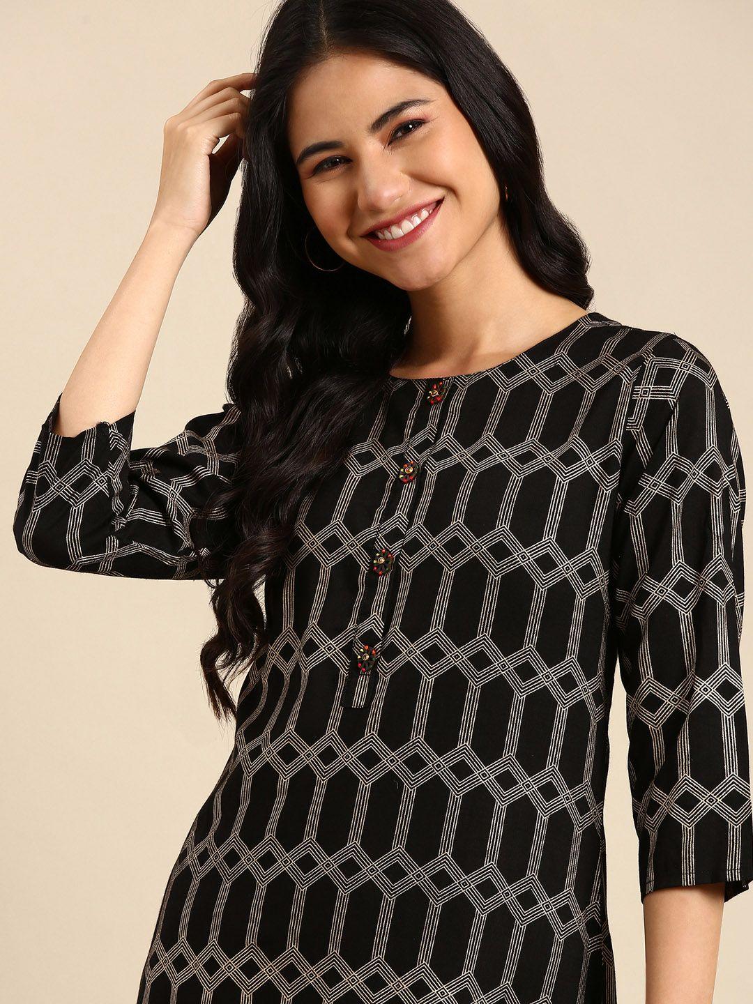 showoff women black & white ethnic motifs cotton kurta