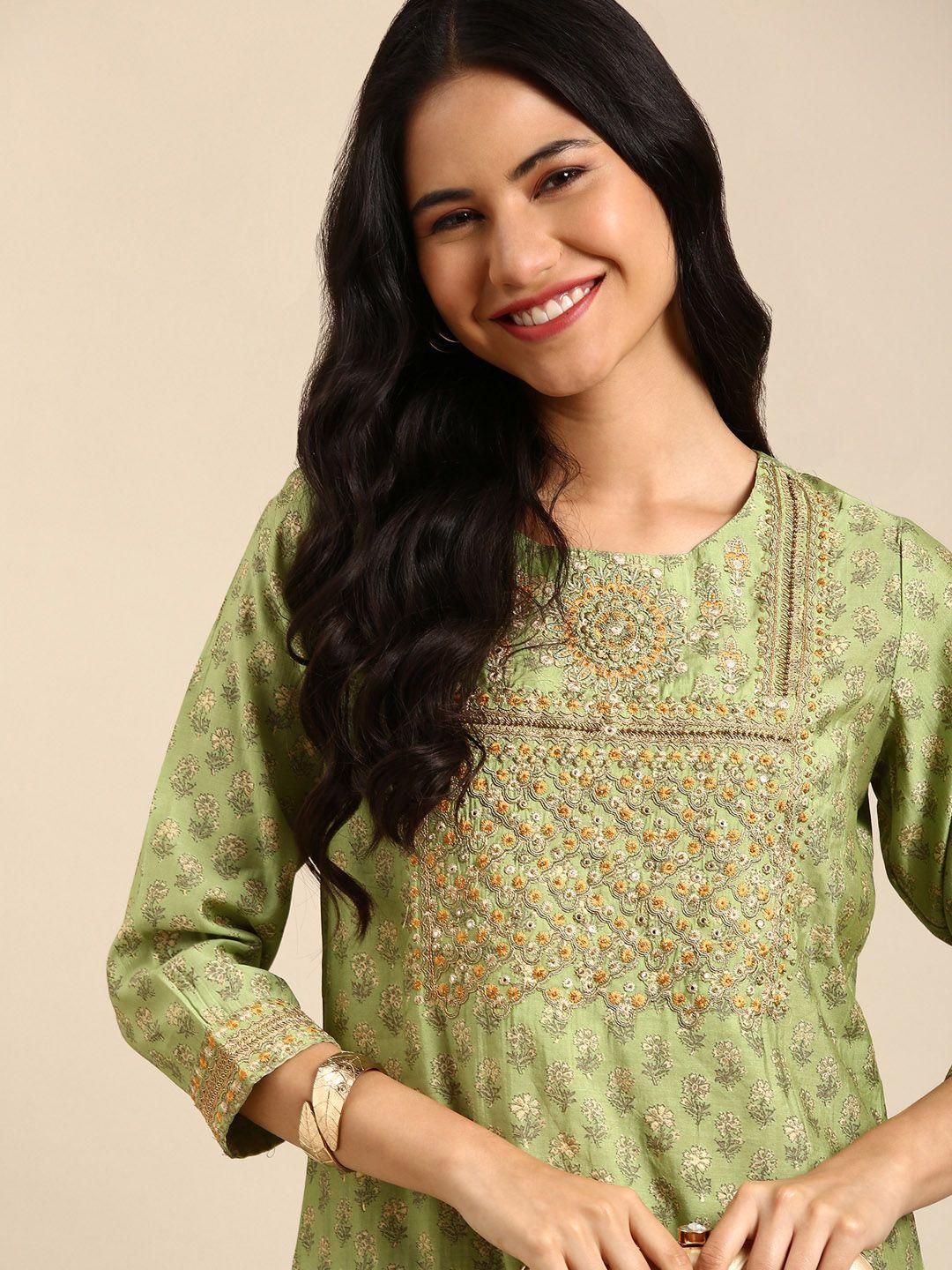 showoff women green & gold-toned ethnic motifs printed chanderi silk kurta