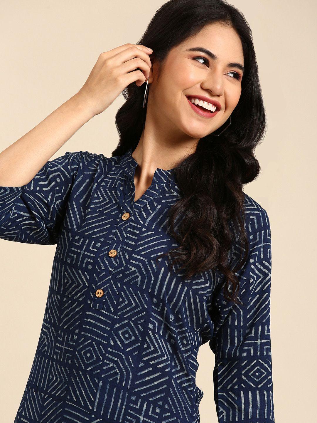 showoff navy blue & white ethnic motifs kurta