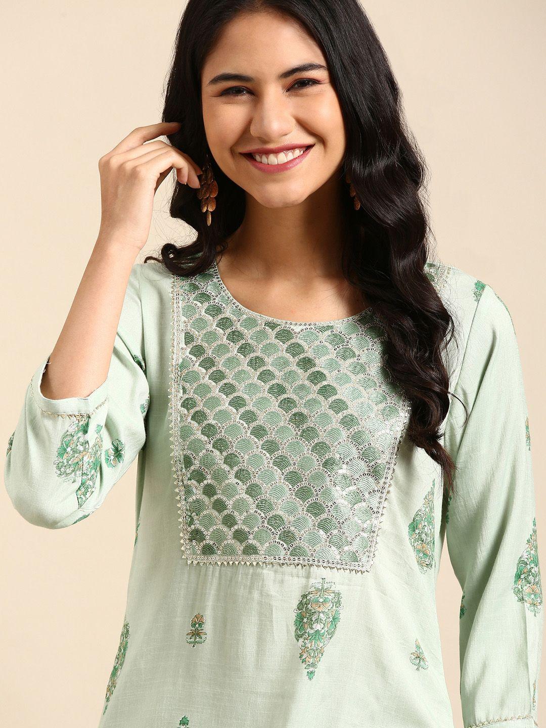 showoff women green floral embroidered floral kurta