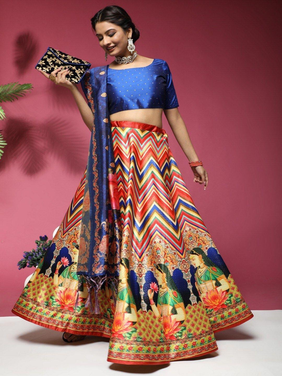 kaizen texo fab blue & red printed batik semi-stitched lehenga & blouse with dupatta