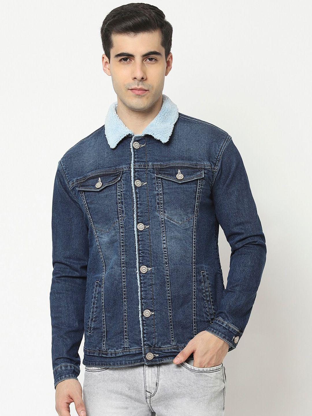 crimsoune club men blue washed checked cotton denim jacket