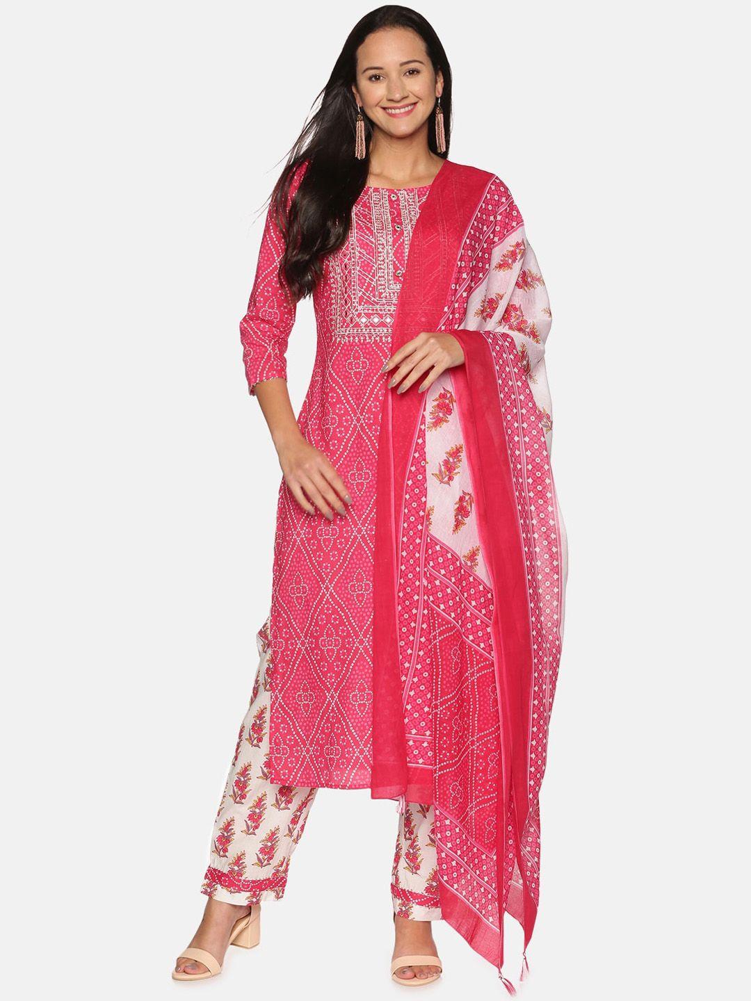 palakh women pink bandhani embroidered pure cotton kurta with trousers & dupatta