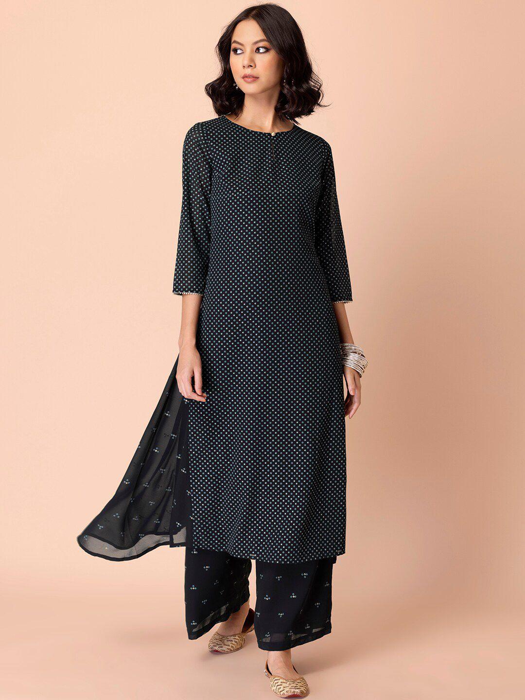 indya women black printed kurti with trousers