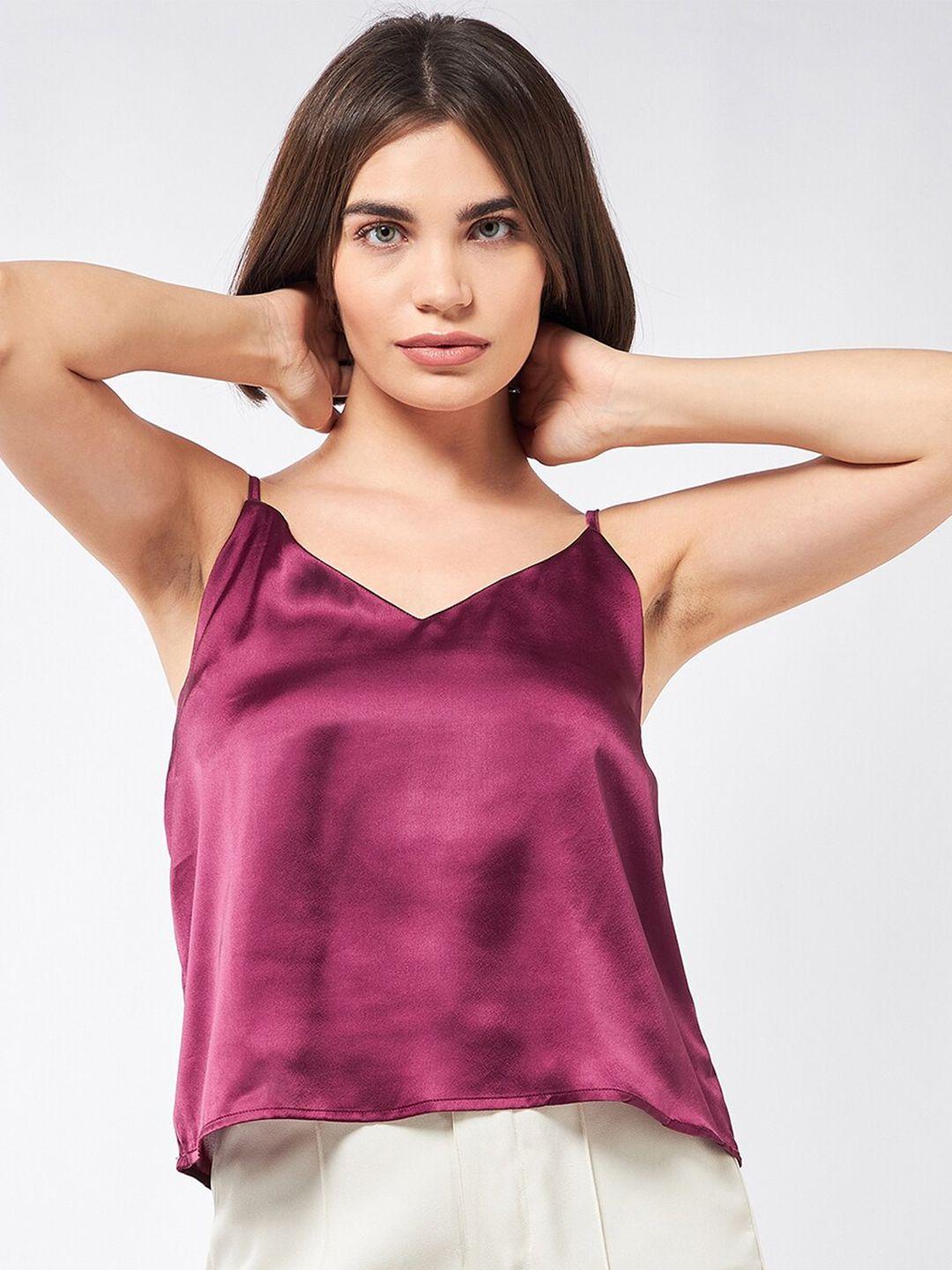 magre burgundy satin solid shoulder starp top