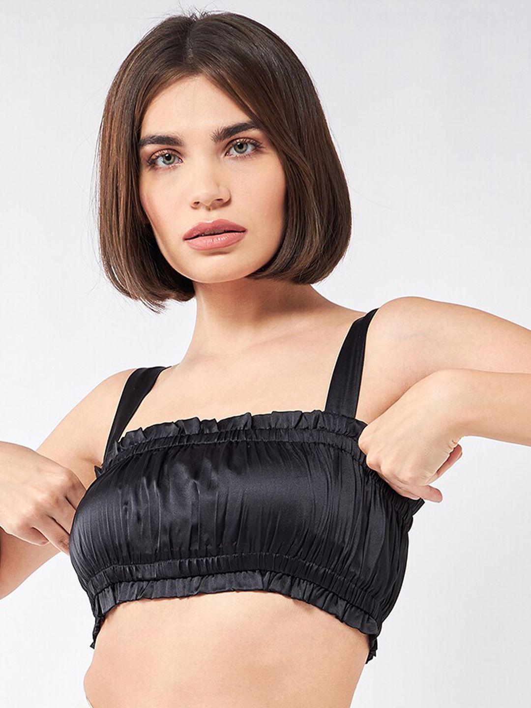 magre women black satin bralette crop top