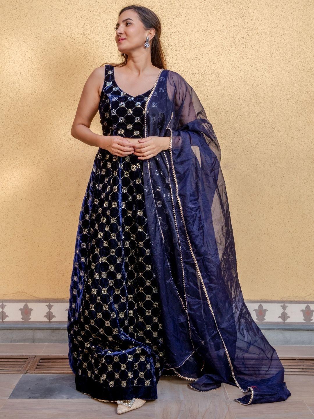 house of jamoti blue & gold-toned embellished ready to wear lehenga & blouse with dupatta