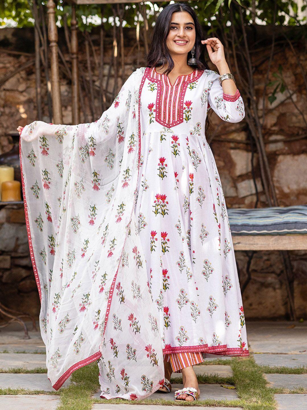 ambraee women white floral printed kurta with trousers & dupatta