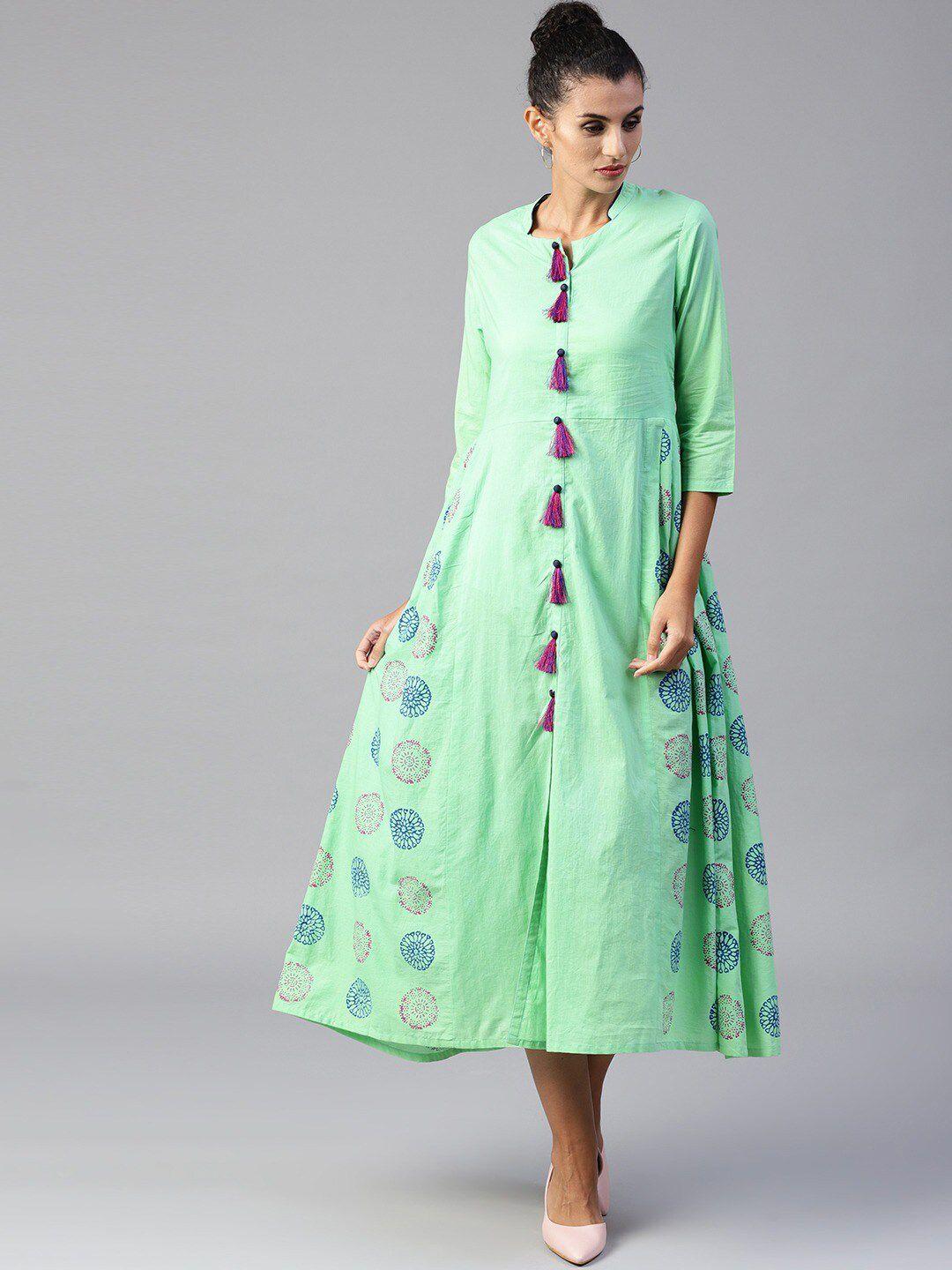 tulsattva green ethnic motifs a-line cotton dress