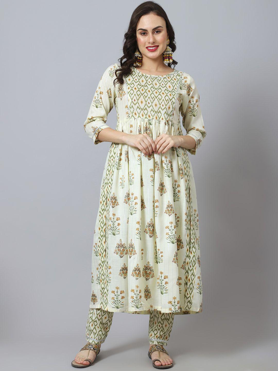 tulsattva women off white & green floral printed pure cotton kurta with trouser