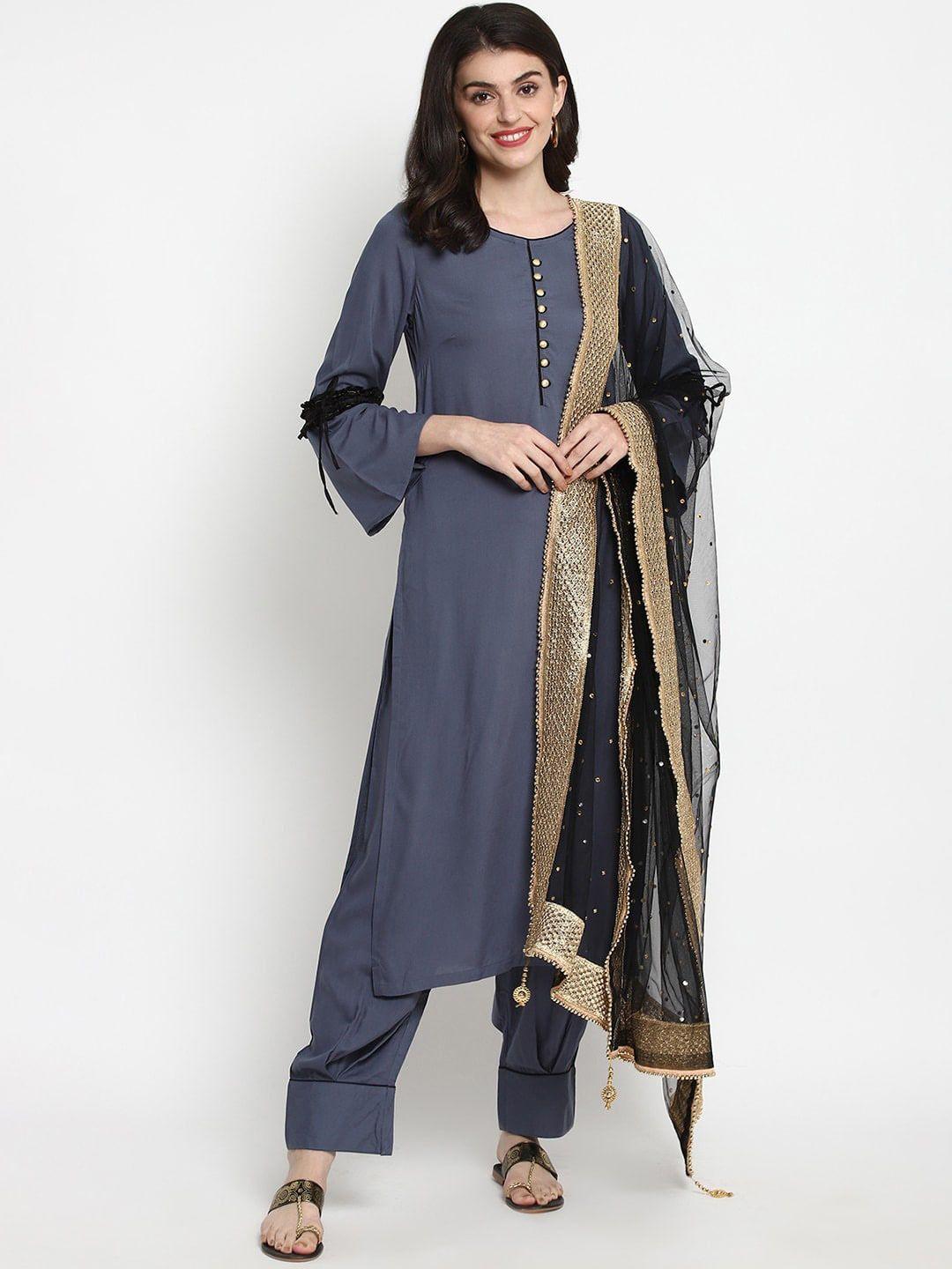 tulsattva women grey solid kurta with trousers & dupatta