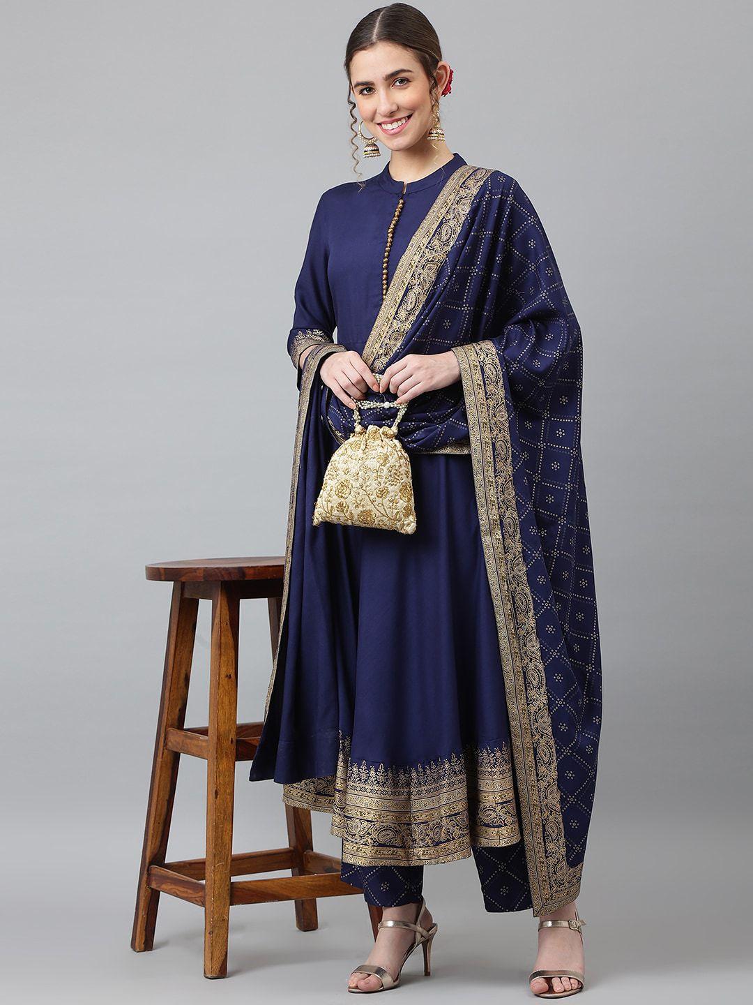 khushal k women blue ethnic motifs printed kurta with palazzos & dupatta