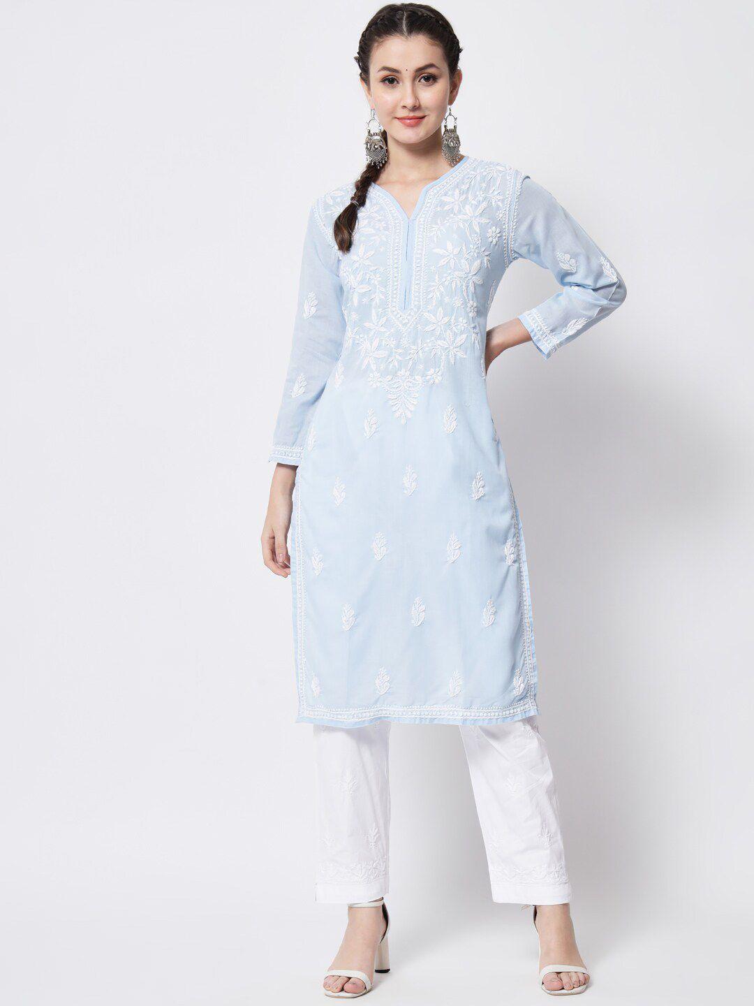 paramount chikan women chikankari hand embroidered blue cotton straight kurta