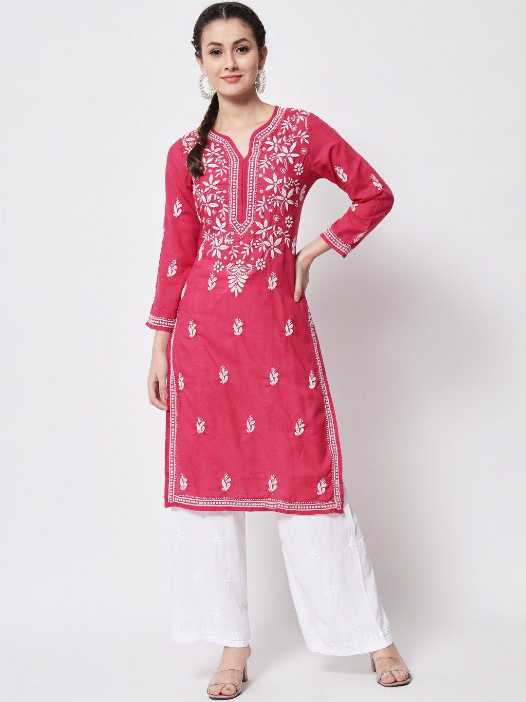 paramount chikan women magenta chikankari hand embroidered magenta straight kurta