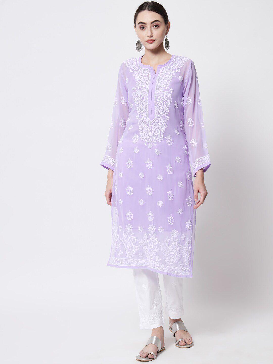 paramount chikan women mauve floral printed chikankari floral georgette kurta