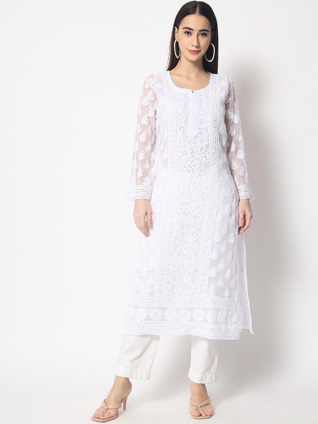 paramount chikan women white chikankari hand embroidered ethnic motifs straight kurta