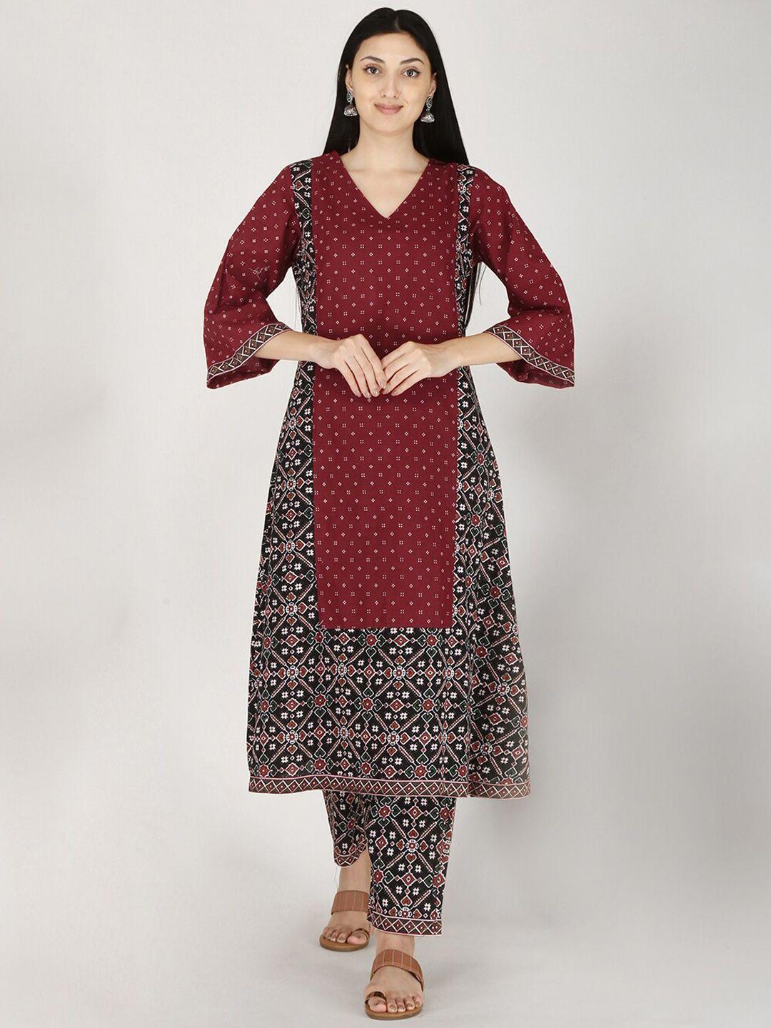 kalini women maroon printed pure cotton kurta with trousers