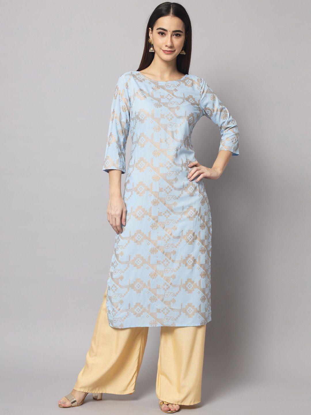 sutidora women turquoise blue & gold-toned ethnic motifs printed kurta