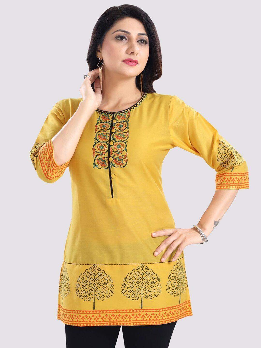 saree swarg women yellow ethnic motifs printed kurti