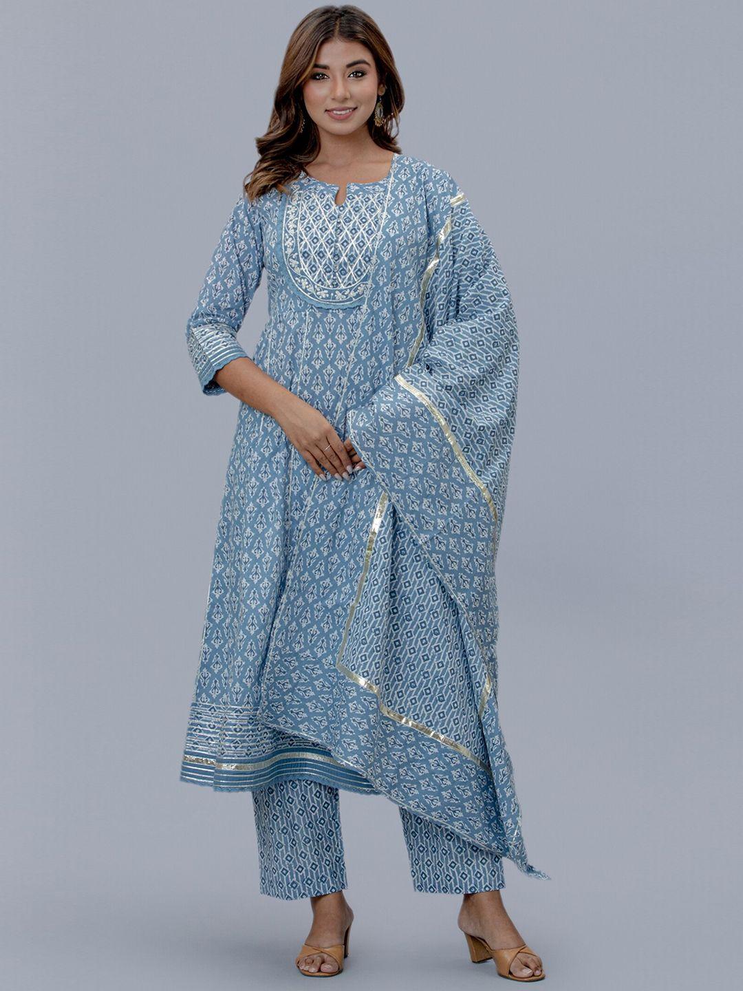 etnicawear women grey printed gotta patti pure cotton kurta with trouser & dupatta set