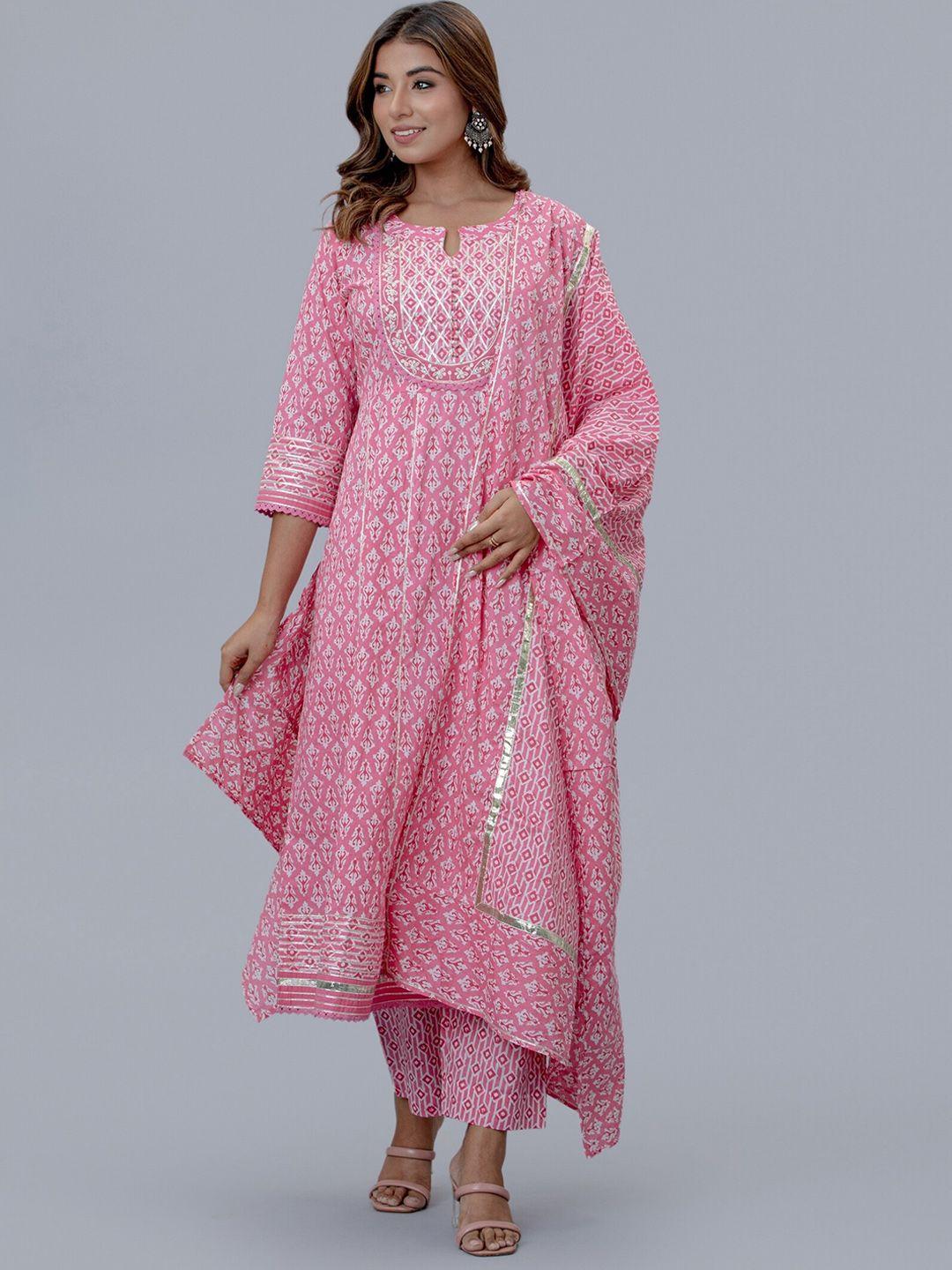 etnicawear women pink floral printed layered pure cotton kurta with trousers & with dupatta