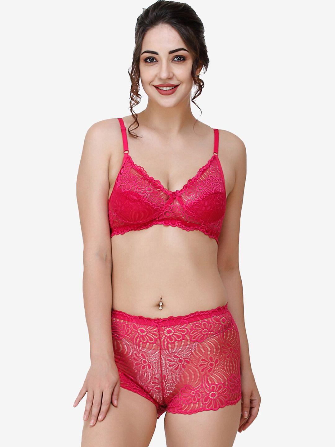 docare women pink self-design lace cotton lingerie set