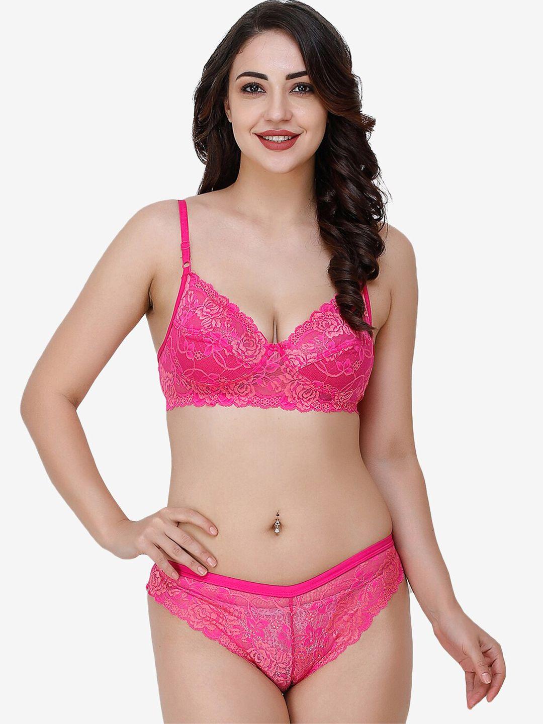 docare women pink self-design non padded cotton lingerie set