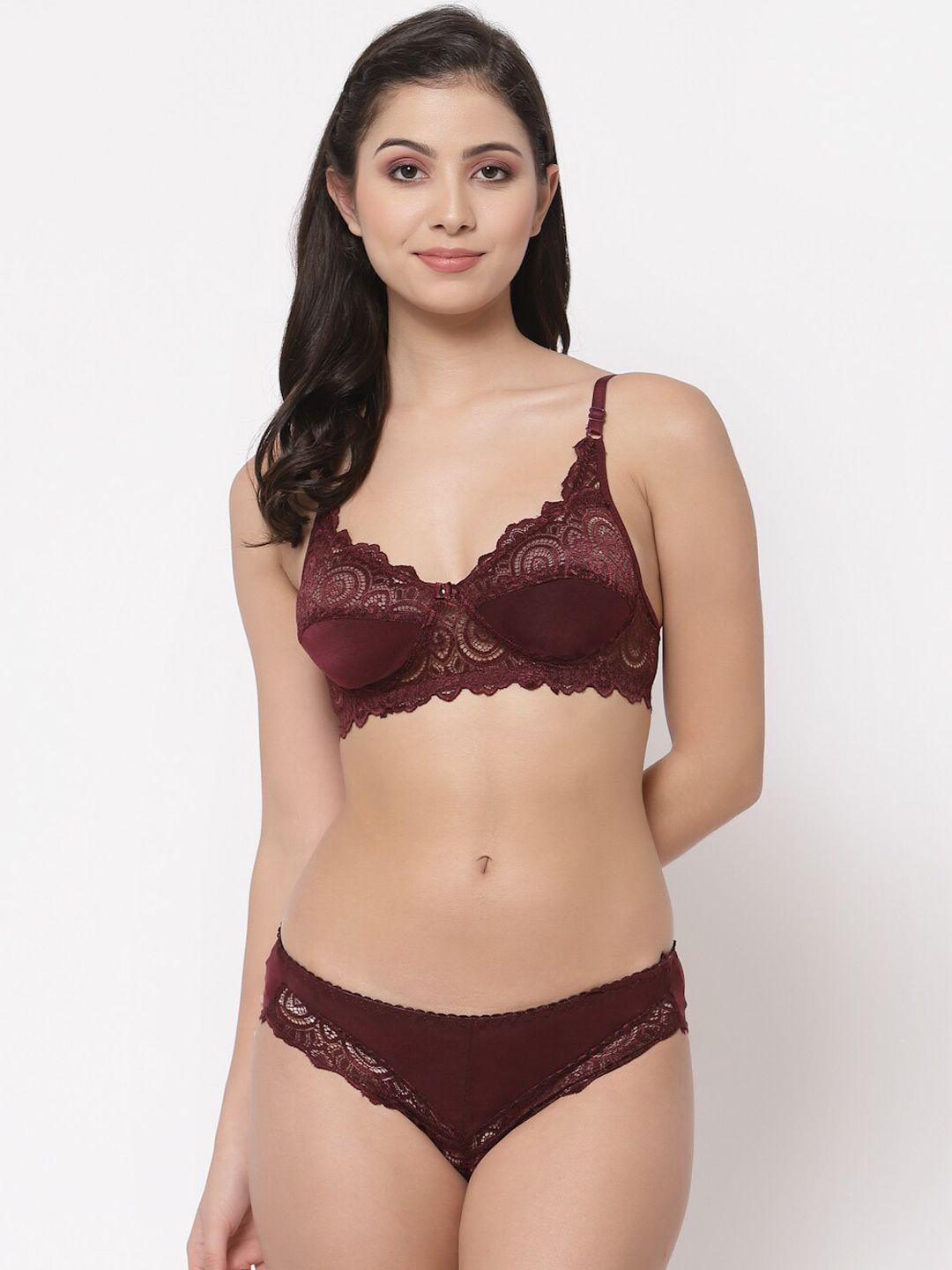 docare women brown self-design lace cotton lingerie set