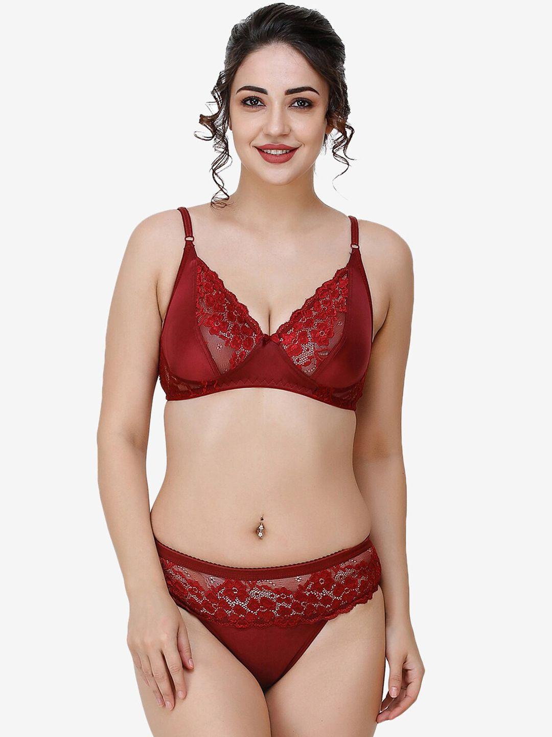 docare women maroon self-design non padded cotton lingerie set