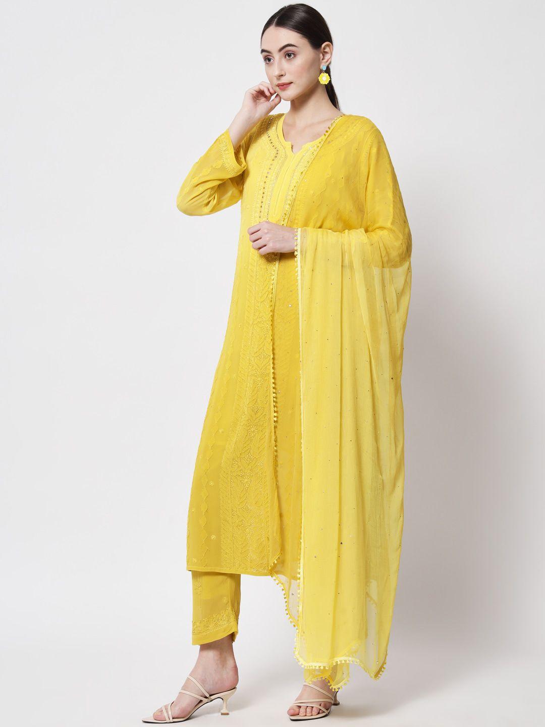 paramount chikan women mustard yellow floral embroidered chikankari kurta with trousers & with dupatta