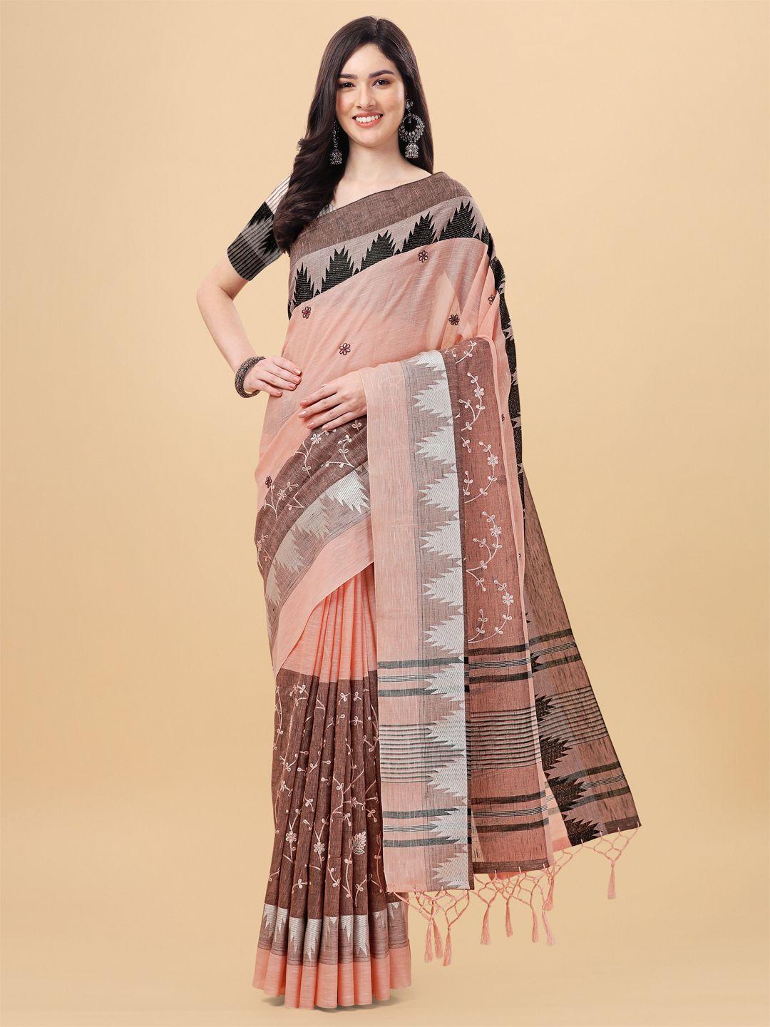 mitera peach-coloured & grey floral pure linen banarasi saree