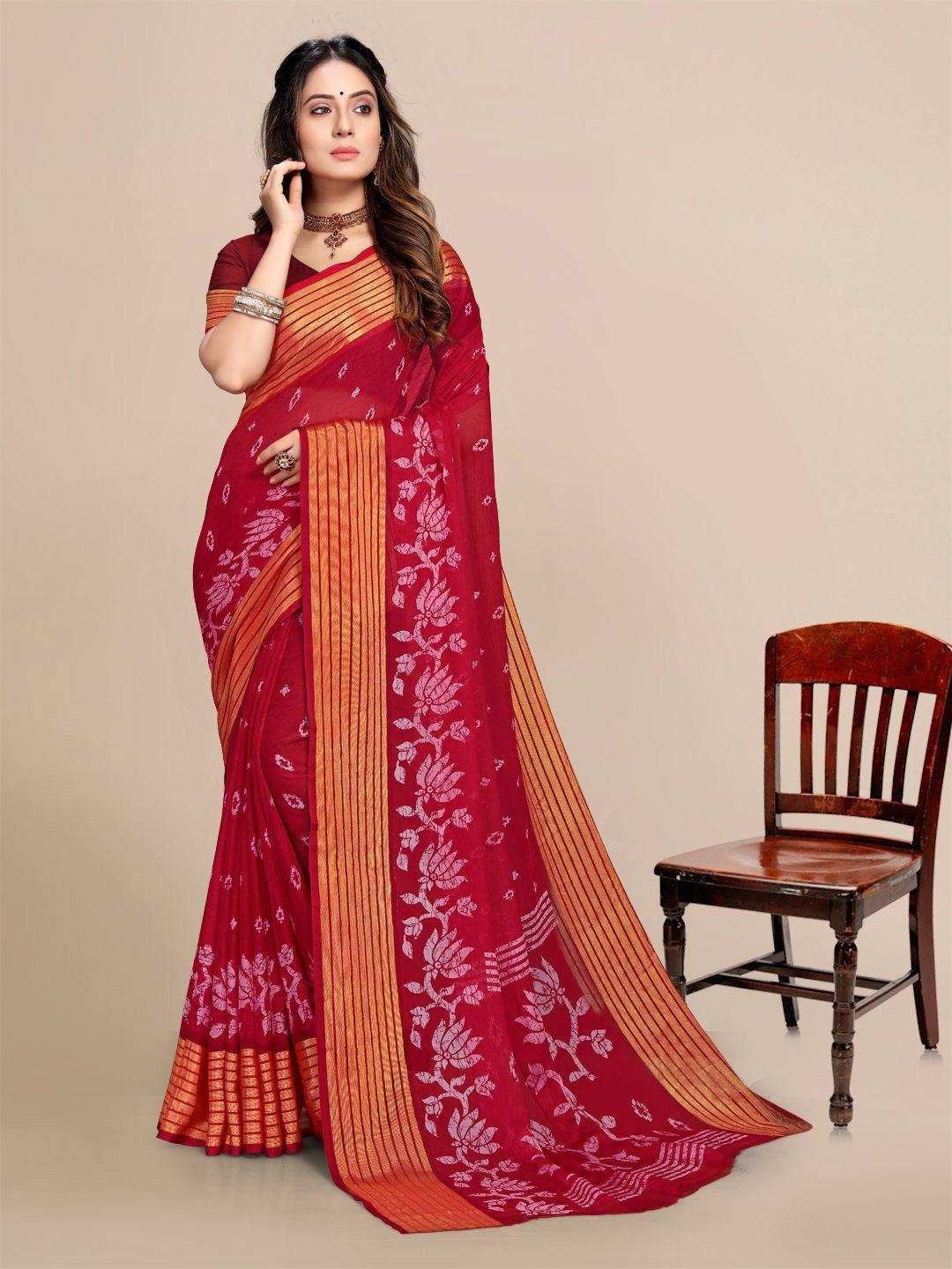 mitera maroon & off white floral pure chiffon banarasi saree