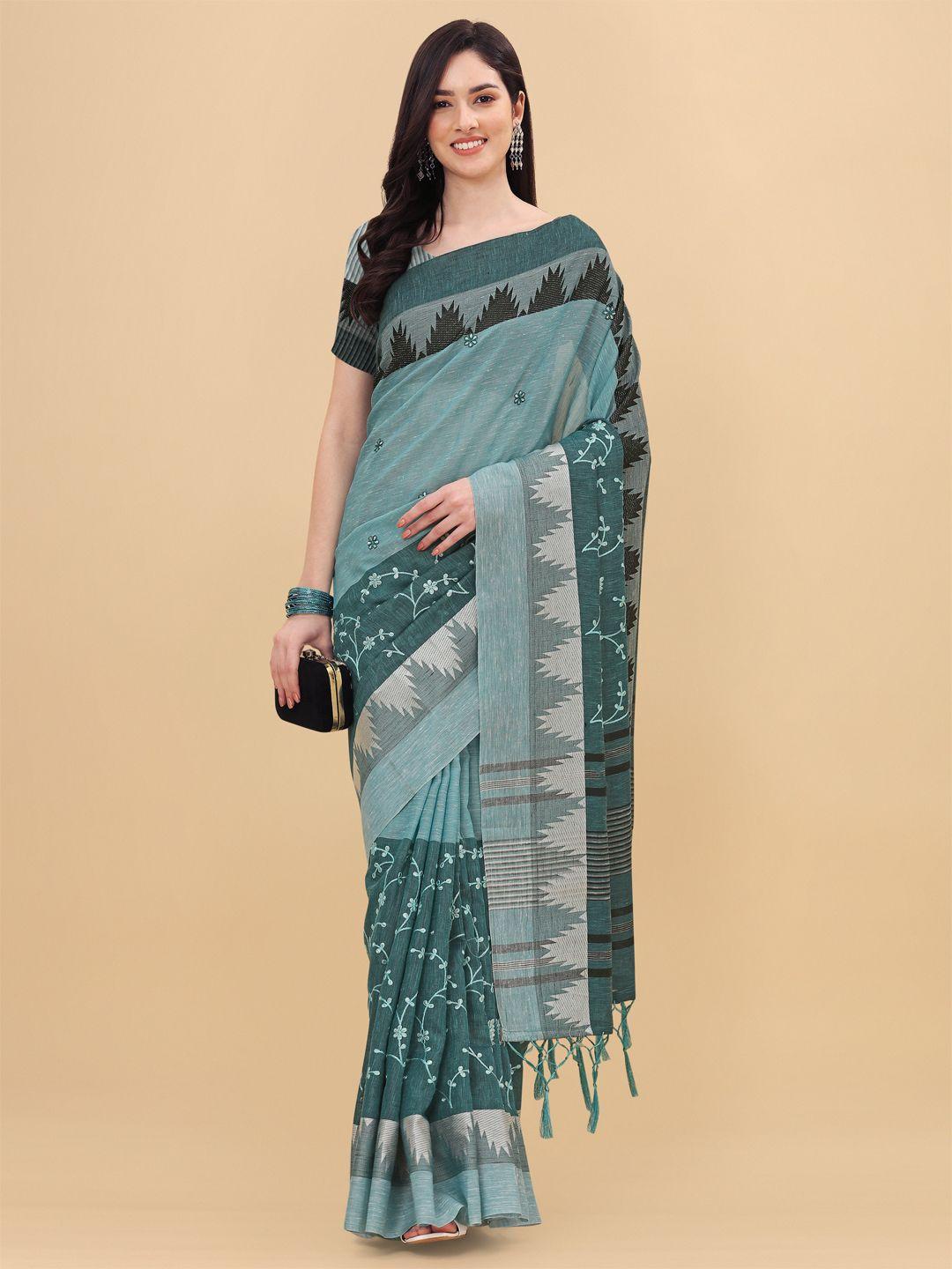 mitera blue & grey floral embroidered pure linen banarasi saree