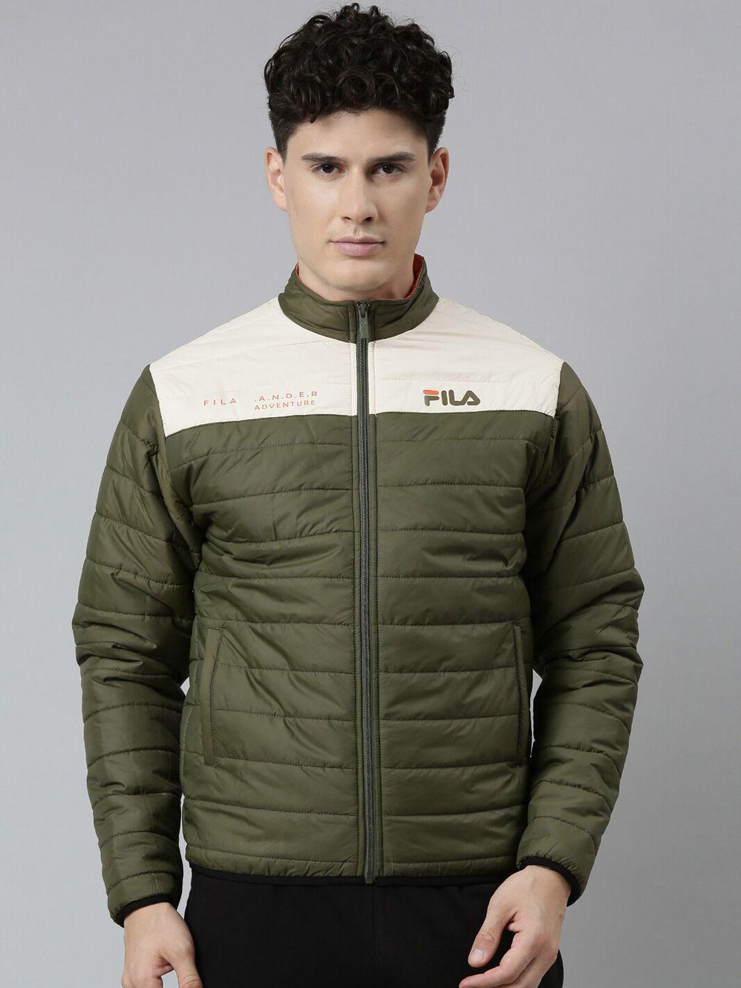 fila men green cream-coloured colourblocked puffer jacket