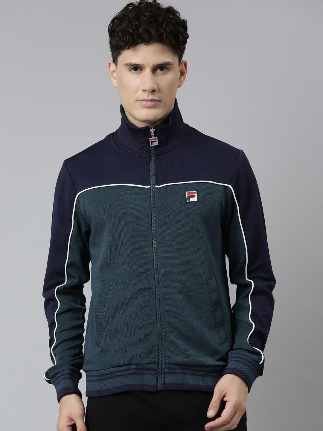 fila men teal & navy blue colourblocked sporty jacket