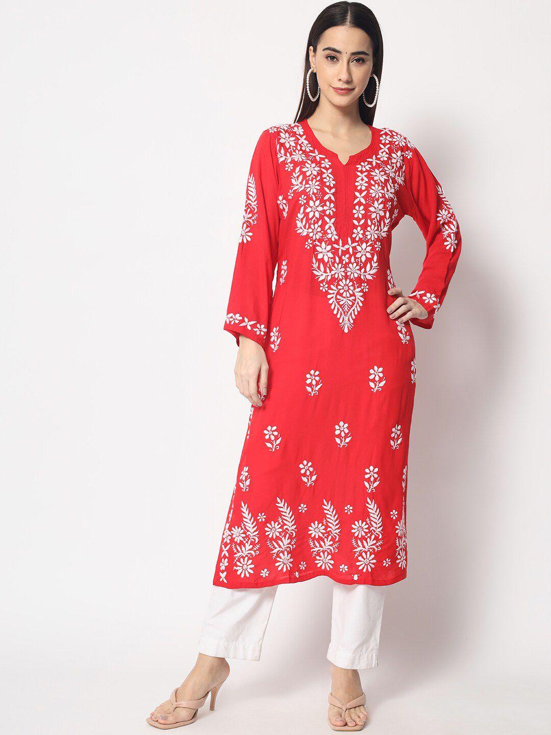 paramount chikan women red chikankari hand embroidered  modal straight kurta