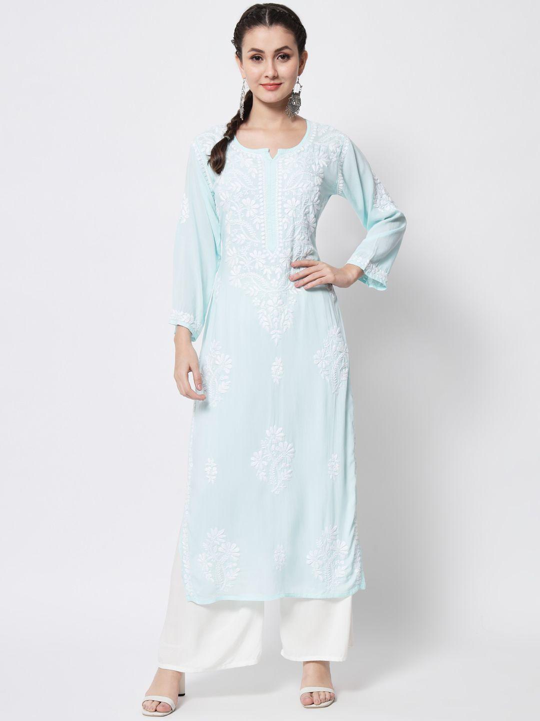 paramount chikan women sea green chikankari hand embroidered modal straight kurta