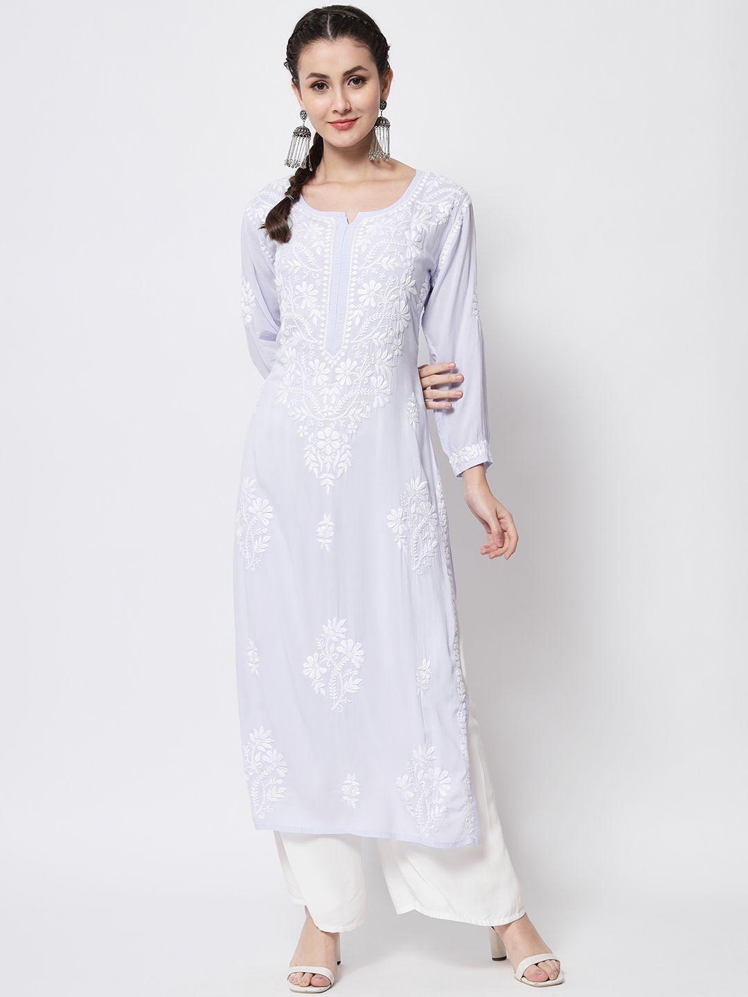 paramount chikan women lavender chikankari hand embroidered modal straight kurta