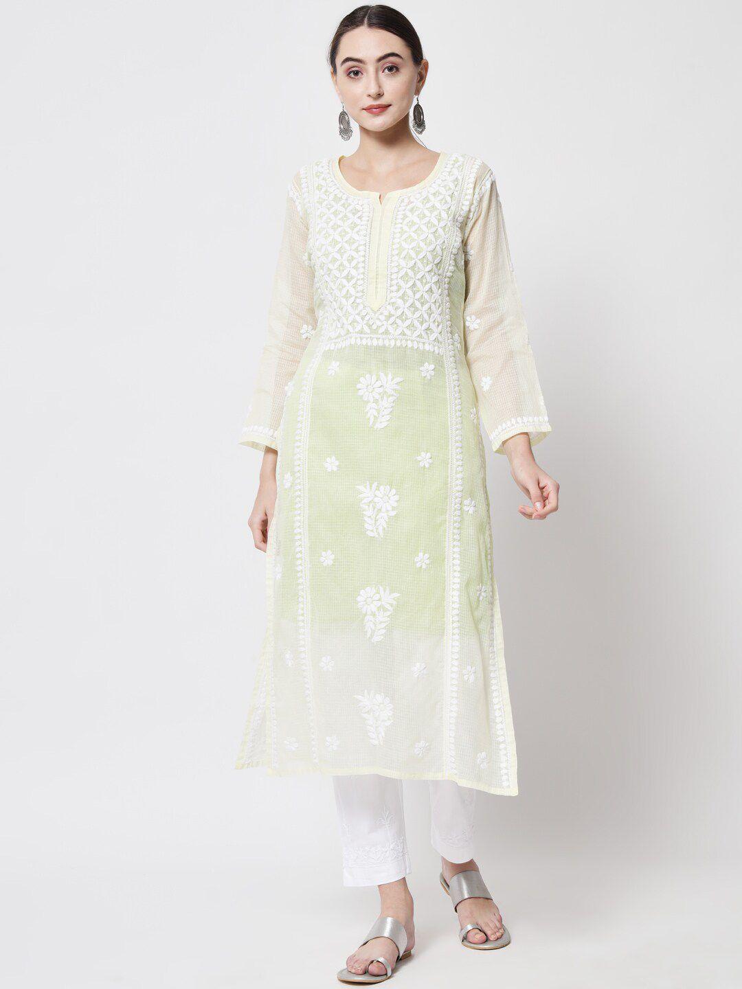 paramount chikan women yellow chikankari embroidered ethnic motif kurta with trousers