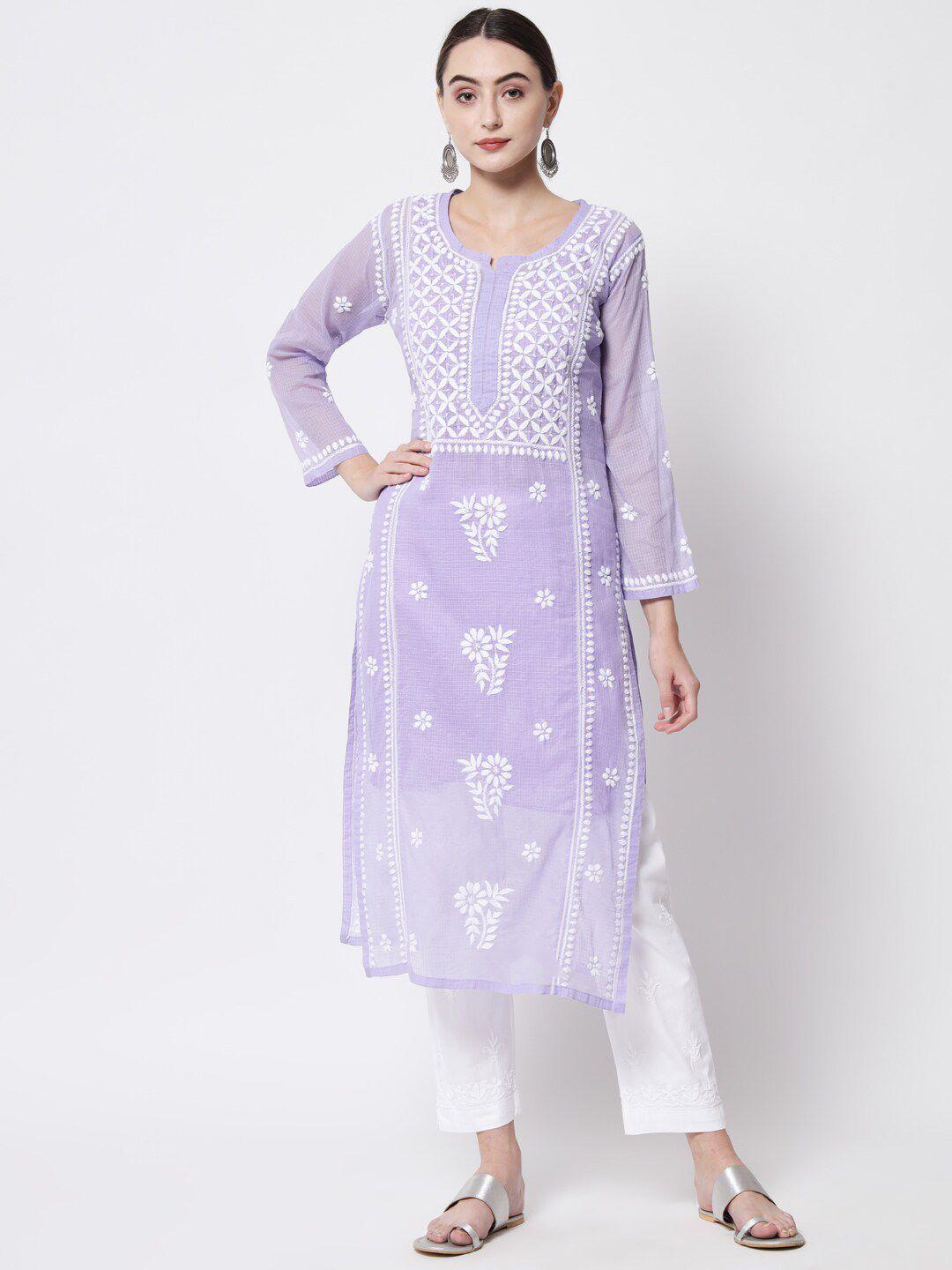 paramount chikan women mauve floral embroidered chikankari kurta with trousers